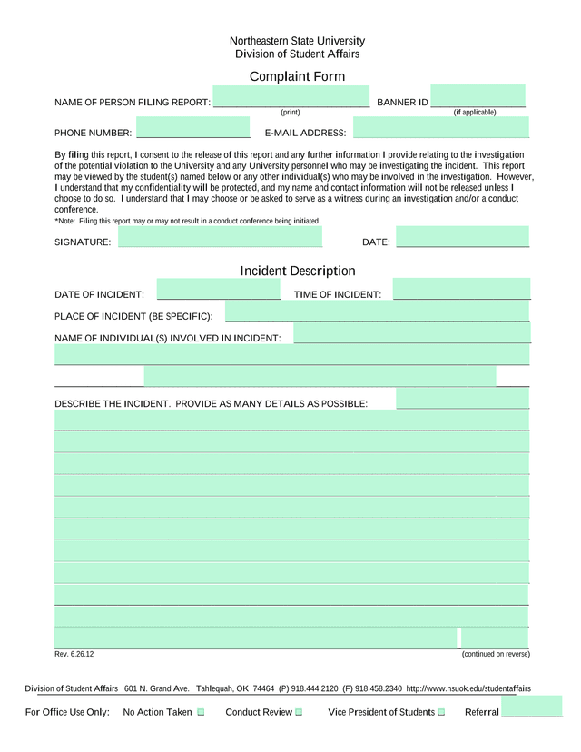 Complaint Form screenshot