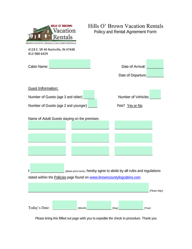 Hills O Brown Vacation Rentals Policy And Rental Agreement Form screenshot