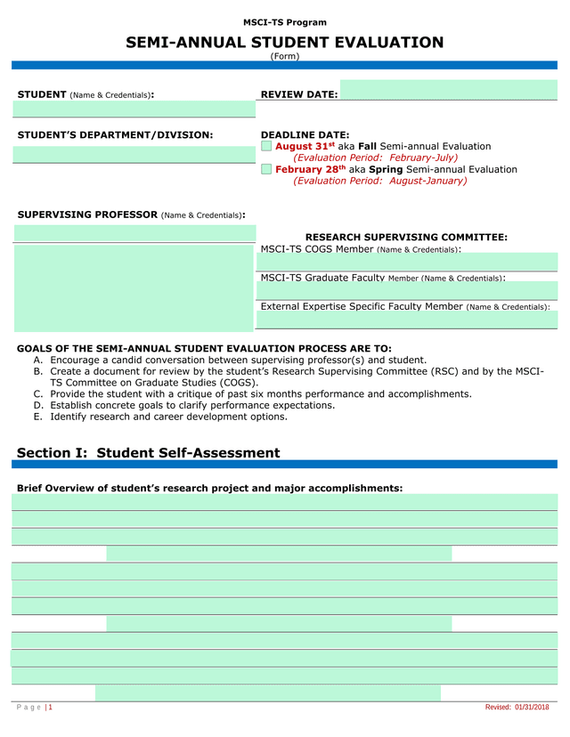 MSCI TS Program SEMI ANNUAL STUDENT EVALUATION (Form) screenshot