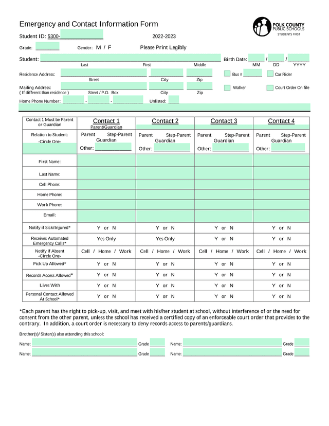 Emergency And Contact Information Form screenshot