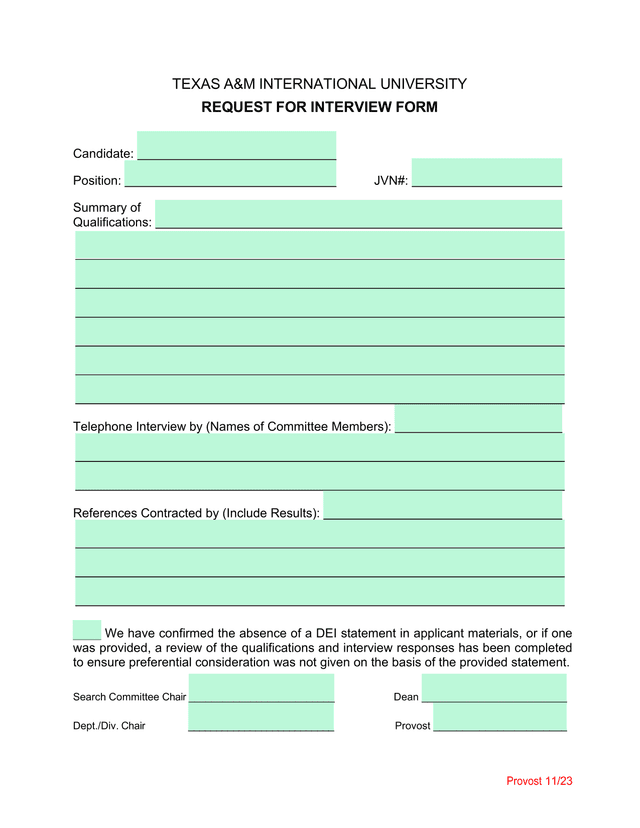 Request For Interview Form screenshot