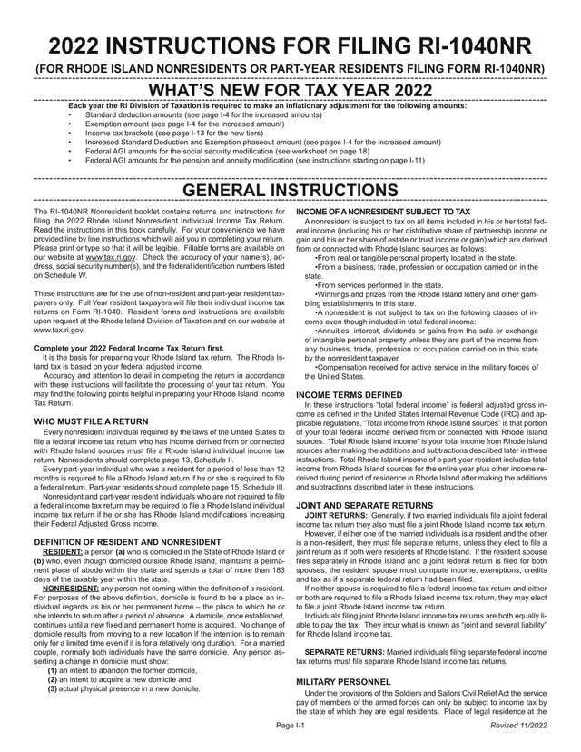 RI 1040NR Nonresident Tax Return Instructions screenshot