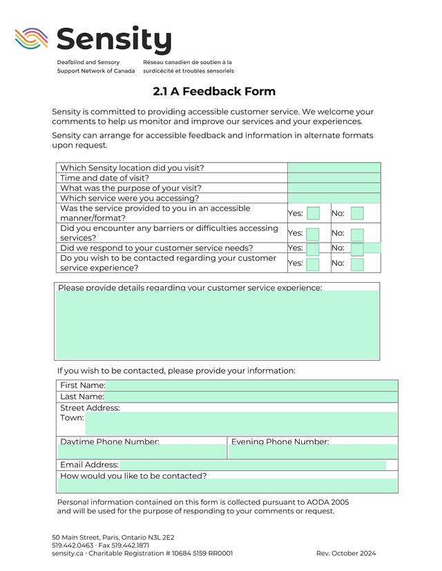 Sensity Feedback Form screenshot