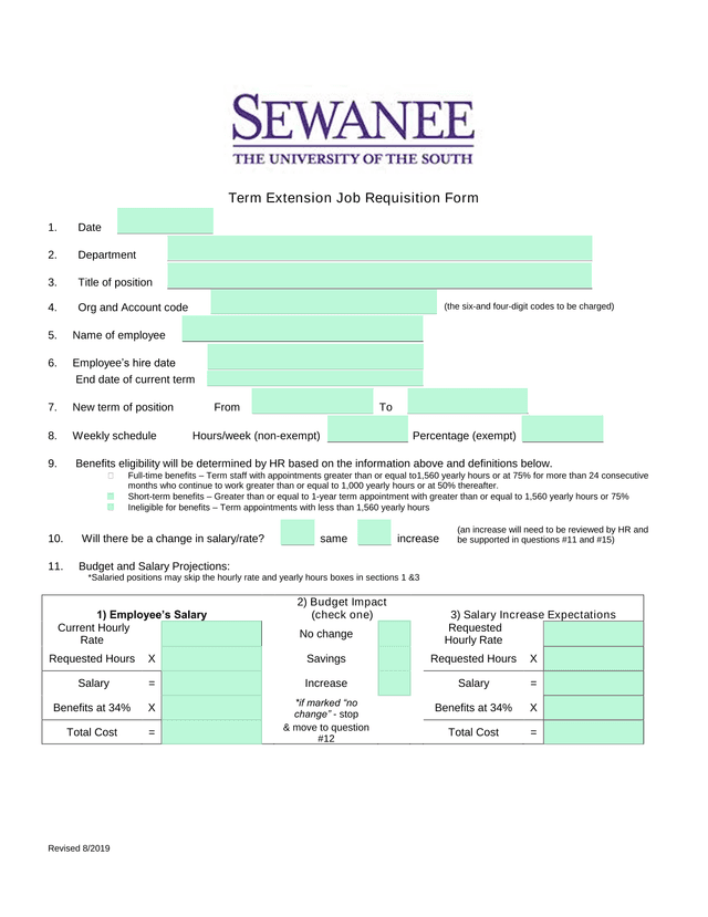 Term Extension Job Requisition Form screenshot