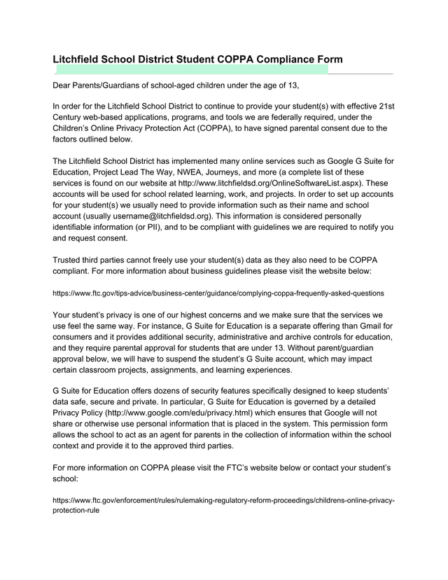 Litchfield School District Student COPPA Compliance Form screenshot