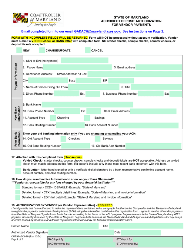 ACHDIRECT DEPOSIT AUTHORIZATION FOR VENDOR PAYMENTS screenshot