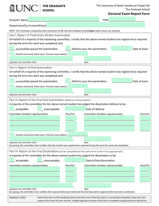 Doctoral Exam Report Form screenshot