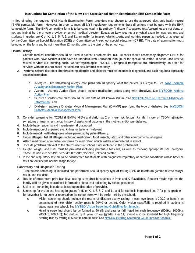 New York State School Health Examination EHR Compatible Form screenshot