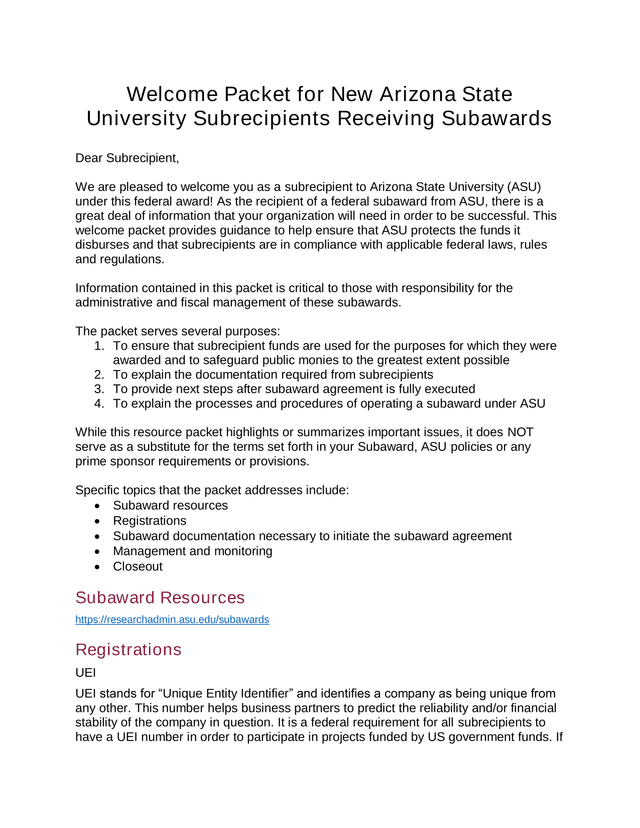 Welcome Packet For New Arizona State University Subrecipients Receiving Subawards screenshot