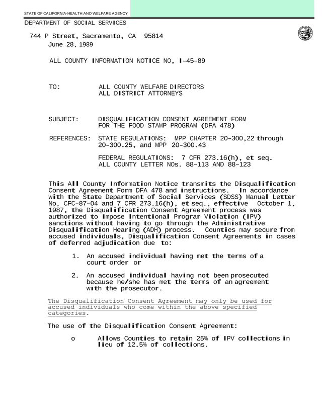 Disqualification Consent Agreement Form (DFA 478) screenshot