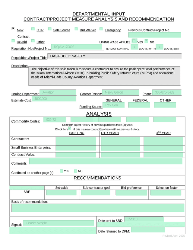 DEPARTMENTAL INPUT CONTRACTPROJECT MEASURE ANALYSIS AND RECOMMENDATION screenshot