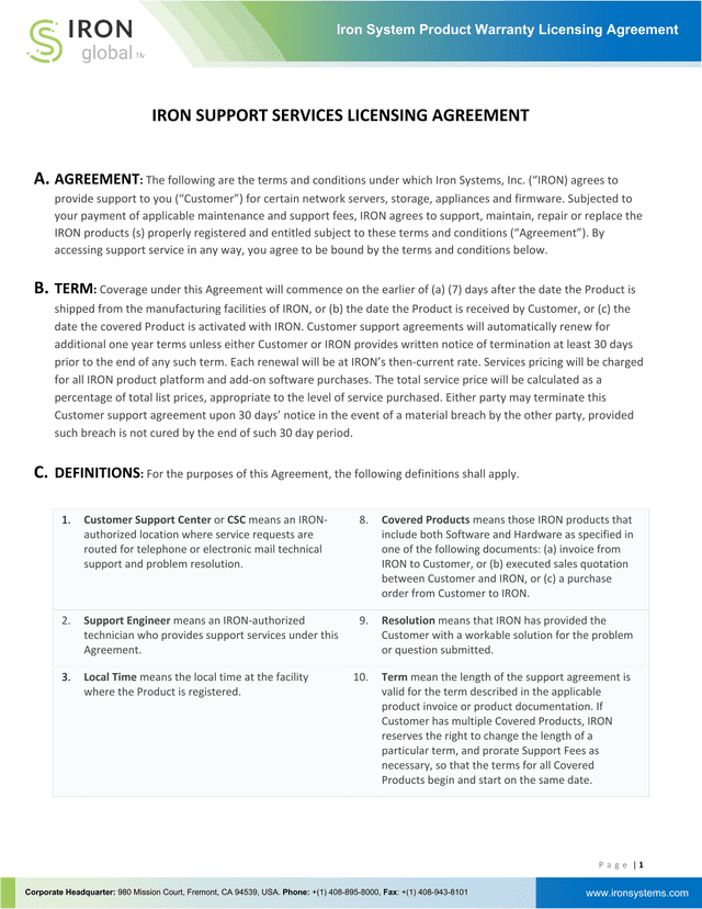 Iron Support Services Licensing Agreement screenshot