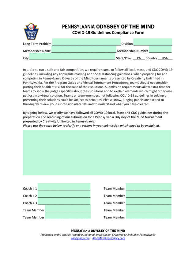 Pennsylvania Odyssey Of The Mind COVID 19 Guidelines Compliance Form screenshot