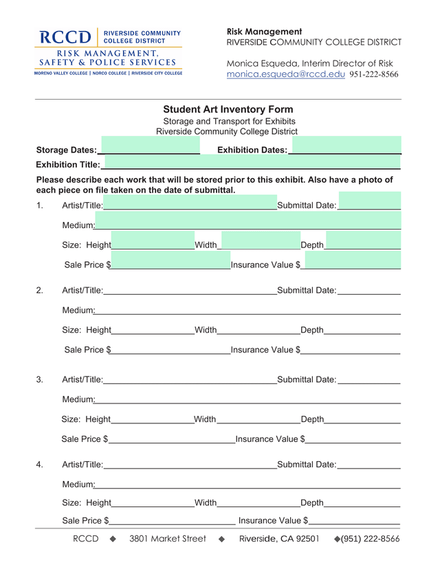 Student Art Inventory Form   Storage And Transport For Exhibits screenshot