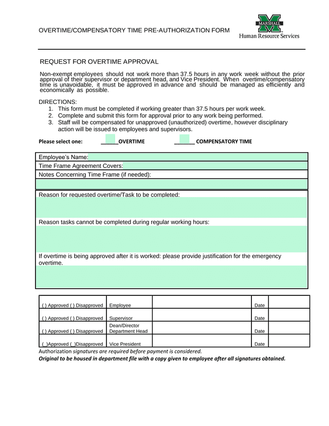 OVERTIMECOMPENSATORY TIME PRE AUTHORIZATION FORM screenshot