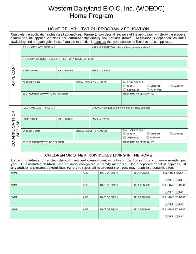 HOME REHABILITATION PROGRAM APPLICATION screenshot