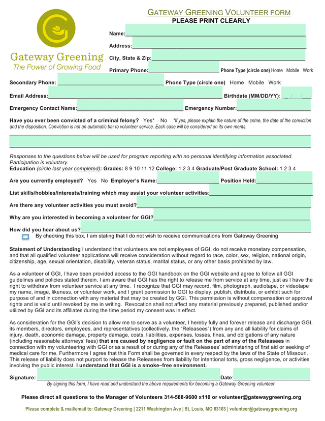 Gateway Greening Volunteer Form screenshot