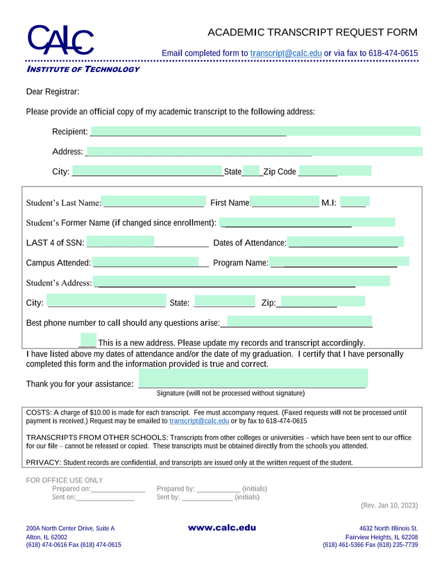 Academic Transcript Request Form screenshot