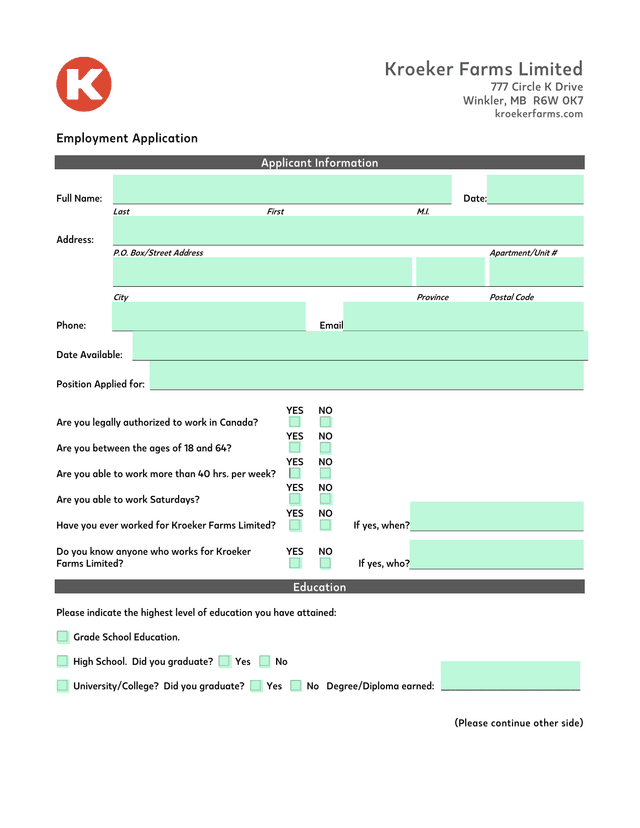 Employment Application screenshot