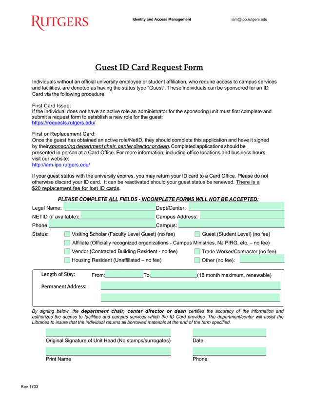 Guest ID Card Request Form screenshot