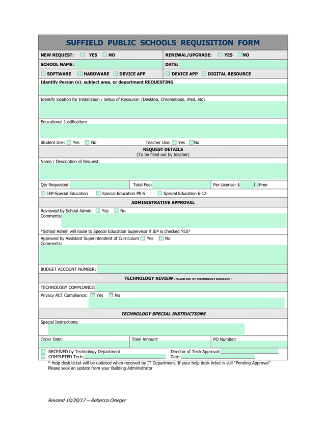Suffield Public Schools Requisition Form screenshot