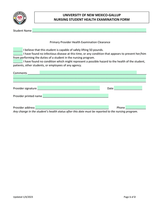 Nursing Student Health Examination Form screenshot