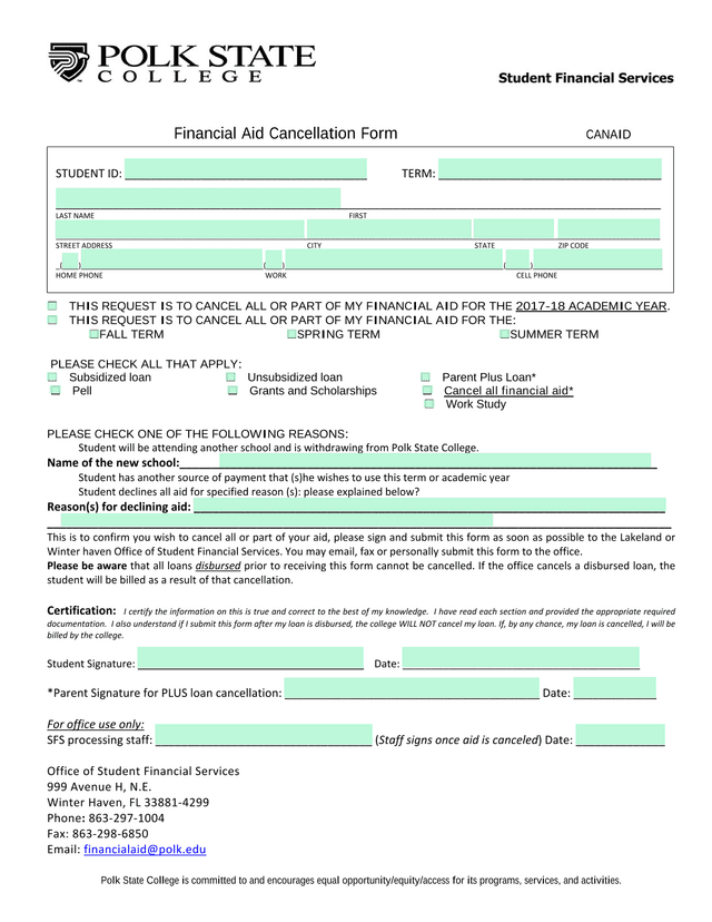 Financial Aid Cancellation Form screenshot