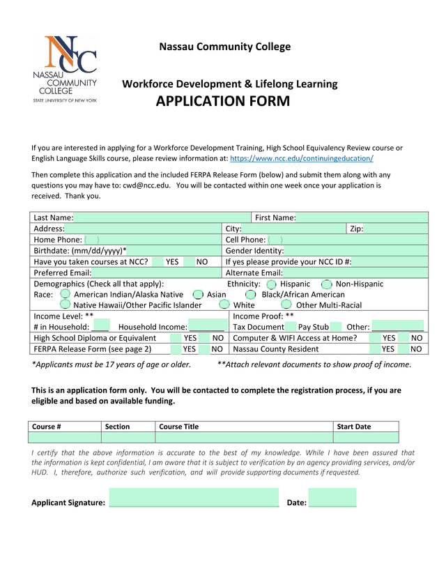 Nassau Community College Workforce Development  Lifelong Learning Application Form screenshot