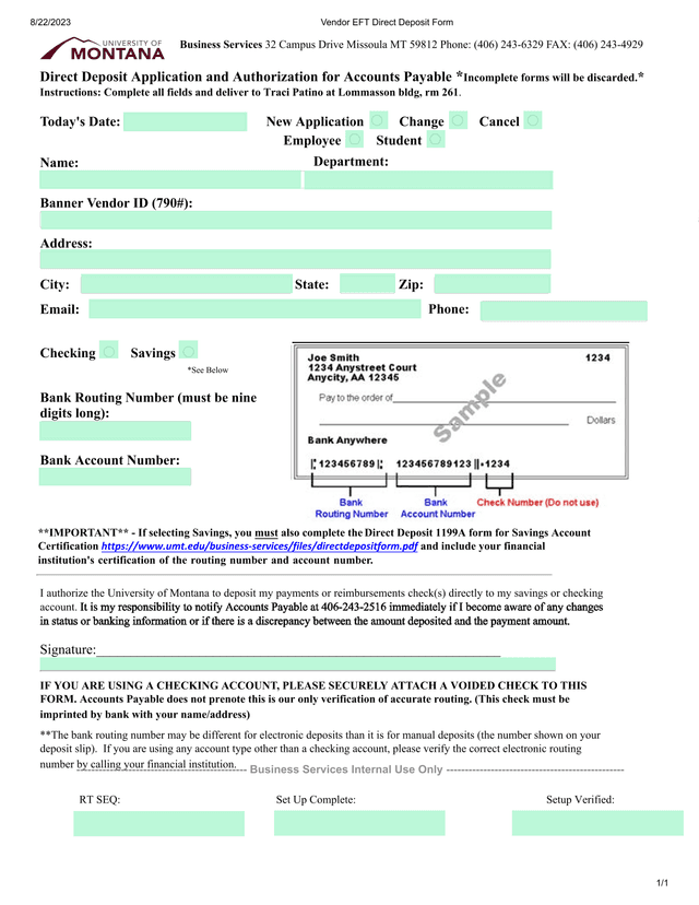 Vendor EFT Direct Deposit Form screenshot