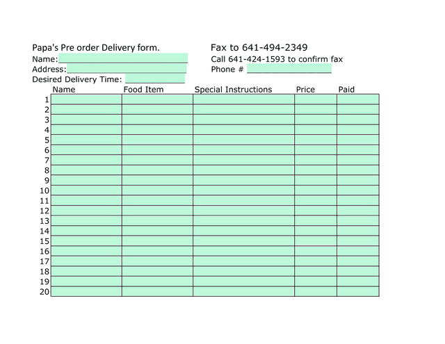 PapaS Pre Order Delivery Form screenshot