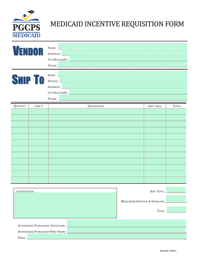MEDICAID INCENTIVE REQUISITION FORM screenshot