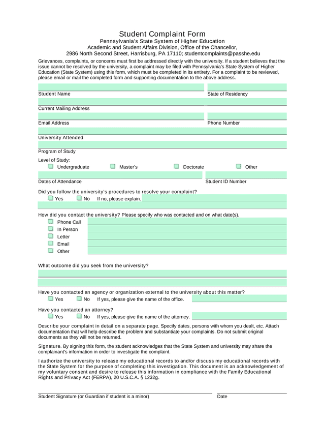 Student Complaint Form screenshot