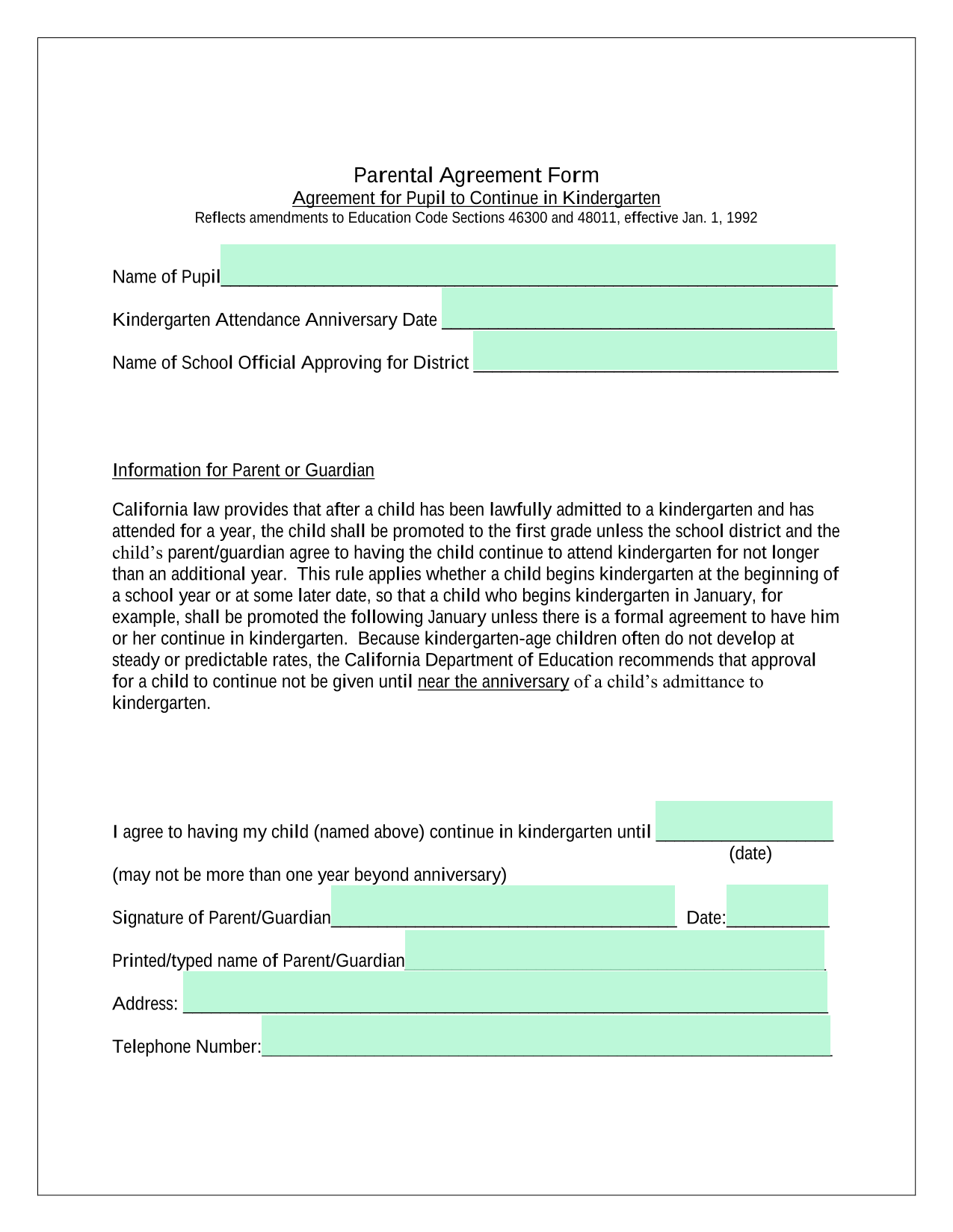 Parental Agreement Form   Agreement For Pupil To Continue In Kindergarten screenshot
