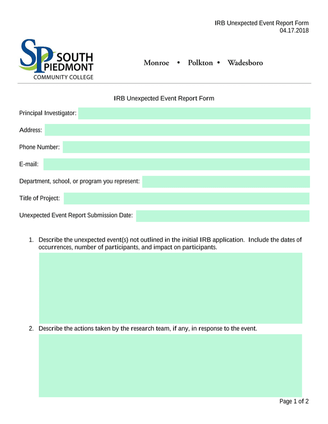 IRB Unexpected Event Report Form screenshot