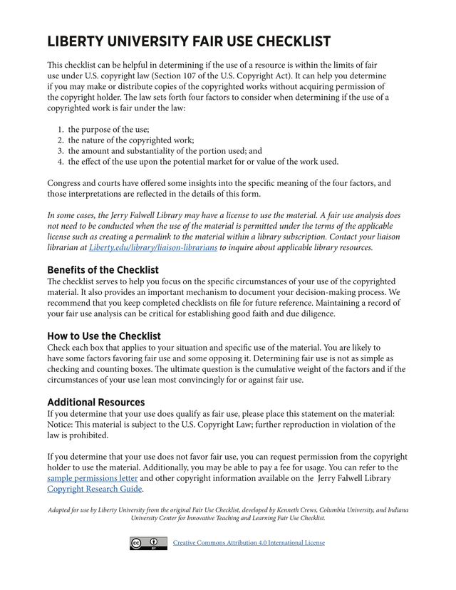 Liberty University Fair Use Checklist screenshot