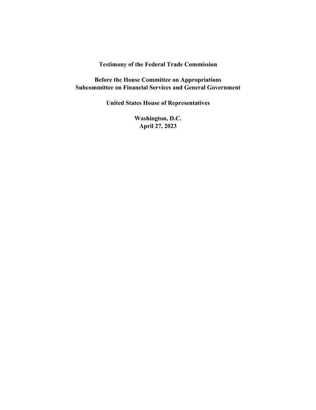 Testimony Of The Federal Trade Commission screenshot