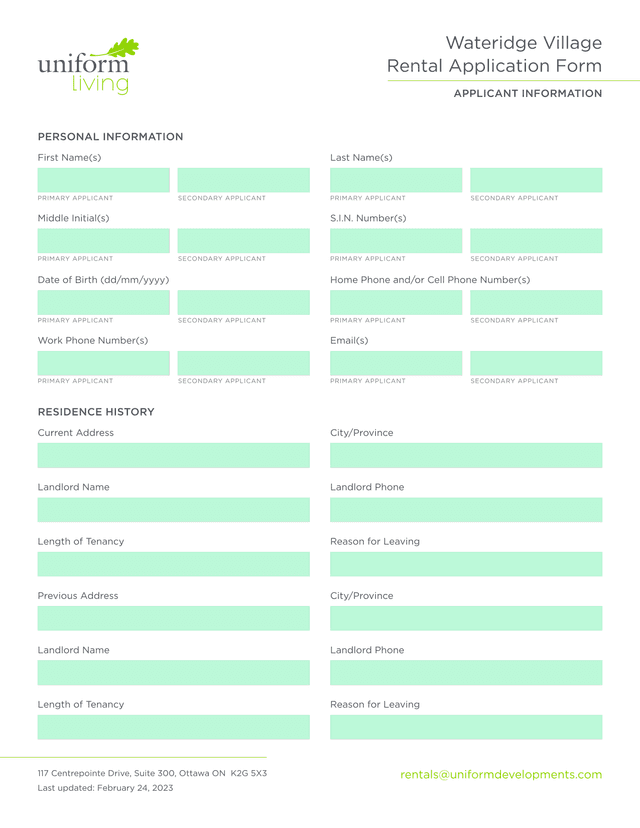 Wateridge Village Rental Application Form screenshot