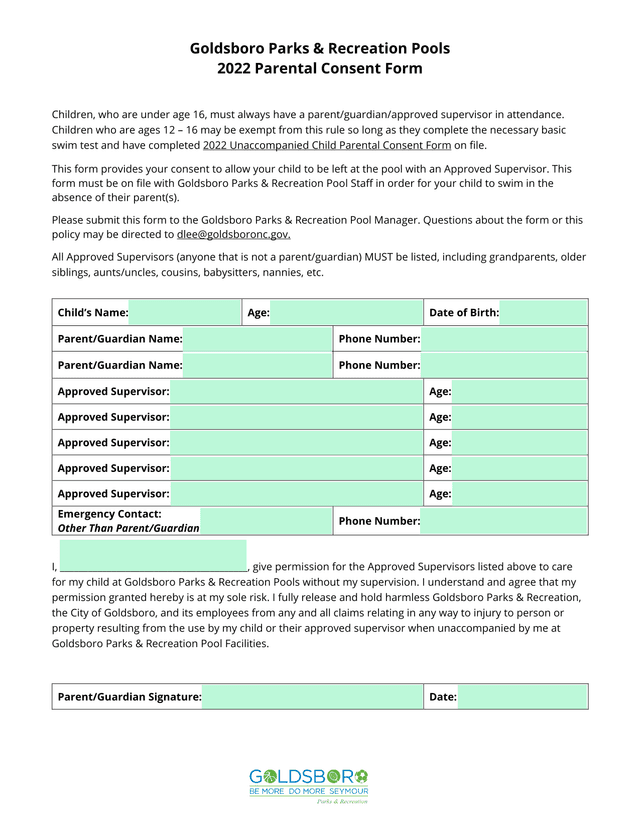 Goldsboro Parks  Recreation Pools 2022 Parental Consent Form screenshot
