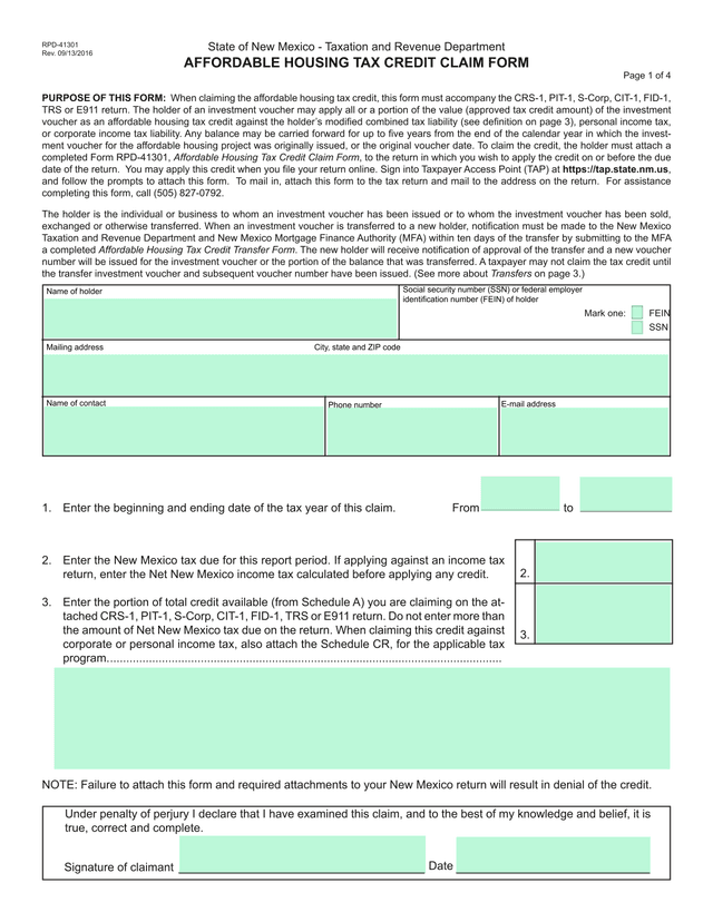 RPD 41301 Affordable Housing Tax Credit Claim Form screenshot
