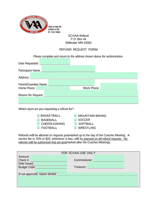 SCVAA Refund Refund Request Form screenshot