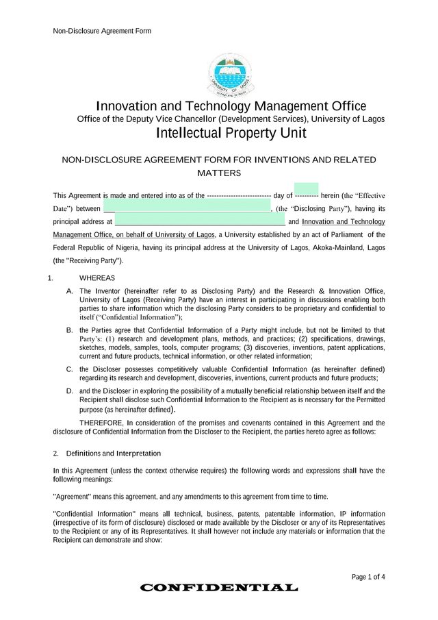 Non Disclosure Agreement Form For Inventions And Related Matters screenshot