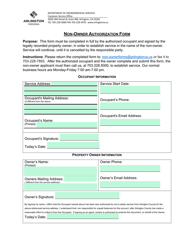 NON OWNER AUTHORIZATION FORM screenshot