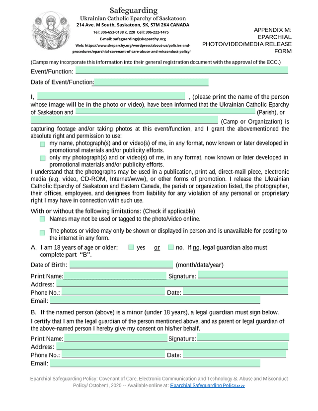 Eparchial PhotoVideoMedia Release Form screenshot
