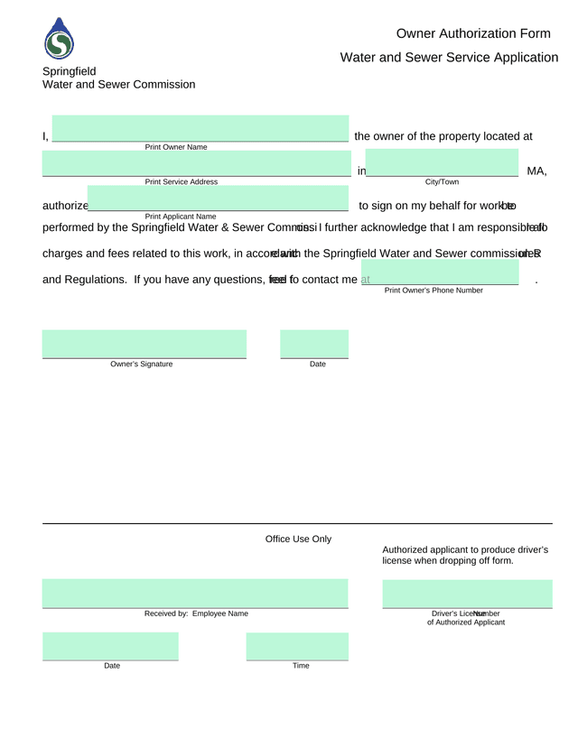 Owner Authorization Form For Water And Sewer Service Application screenshot