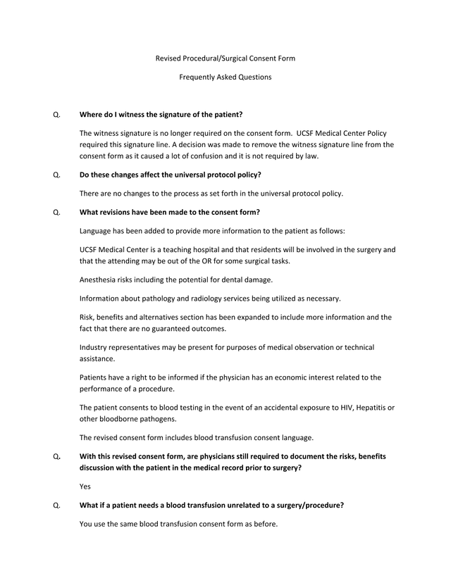 Revised ProceduralSurgical Consent Form Frequently Asked Questions screenshot