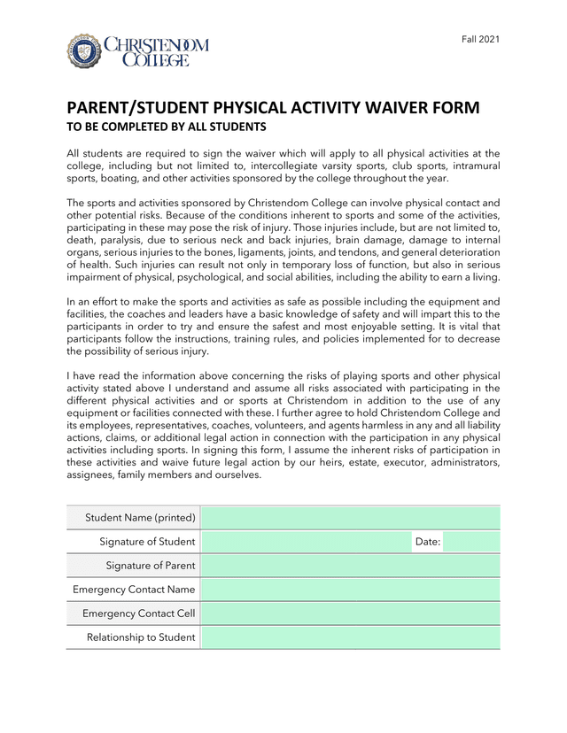 PARENTSTUDENT PHYSICAL ACTIVITY WAIVER FORM screenshot