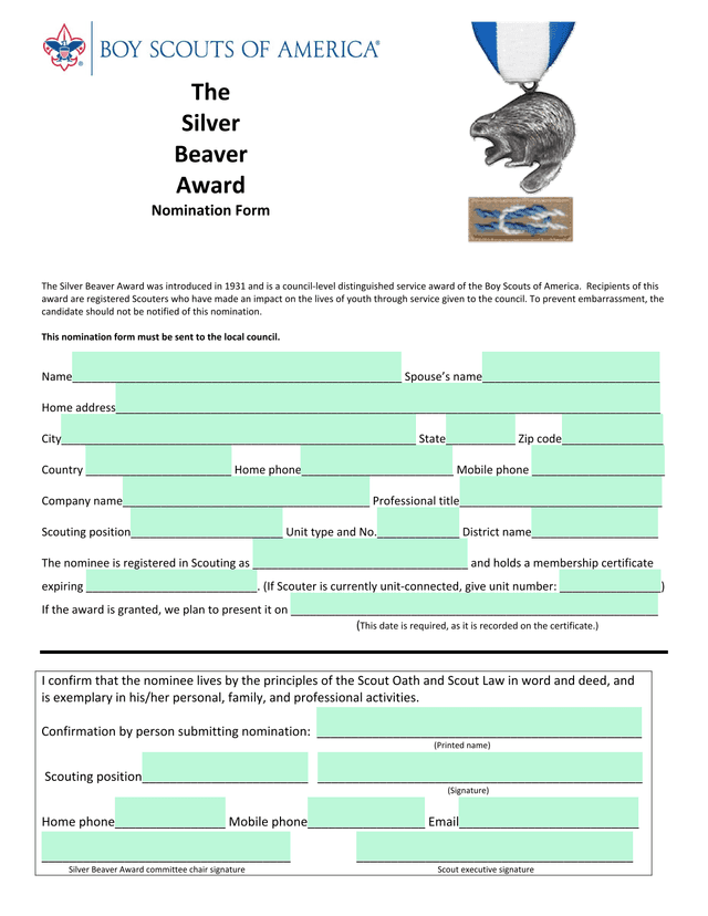 Silver Beaver Award Nomination Form screenshot