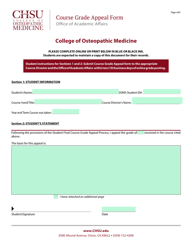 Course Grade Appeal Form screenshot
