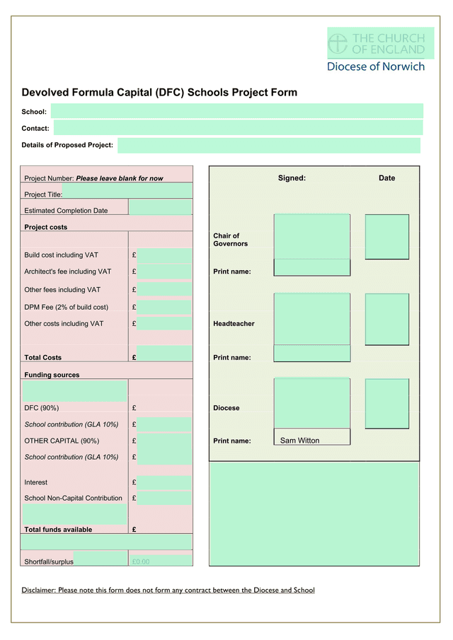 Devolved Formula Capital (DFC) Schools Project Form screenshot