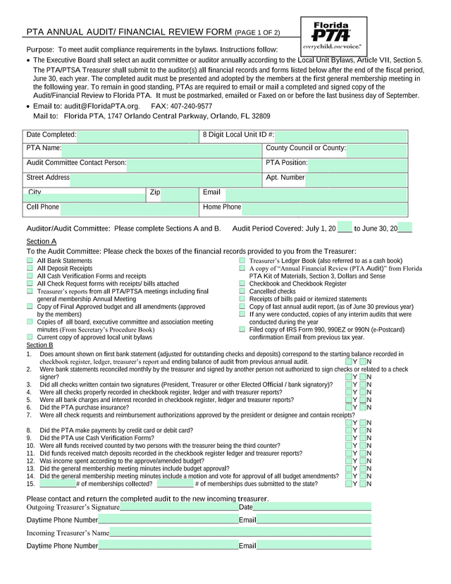 PTA Annual AuditFinancial Review Form screenshot